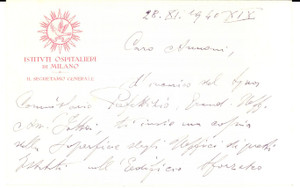 Oggetto da collezione cartaceo 1940 MILANO Giuseppe CASTELLI Istituti Ospitalieri  Biglietto intestato 1