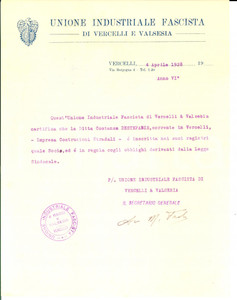 Documento originale, autentico 1928 VERCELLI Unione Industriale Fascista  Iscrizione ditta Costanza DESTEFANIS 1
