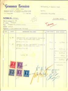 Documento originale, autentico 1949 GALLARATE VA Ditta GOMMA TECNICA Fattura guarnizioni BOLLI 1