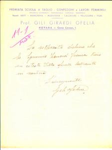 Documento originale, autentico 1930 ca NOVARA Scuola di taglio Ofelia GILI GIRARDI  Certificato Franca ZANARDI 1