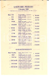 Materiale pubblicitario d’epoca 1950 MILANO Radio ALLOCCHIO BACCHINI  Listino prezzi radiofonografi 1