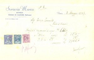 Documento originale, autentico 1947 VENAS DI CADORE BL Segheria Marco SORAVIA Fattura commerciale 1