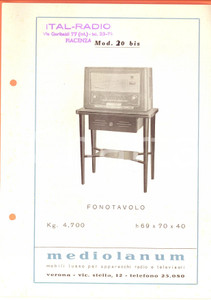 Materiale pubblicitario d’epoca 1960 ca PIACENZA ITALRADIO Fonotavolo mod. 20 bis Volantino pubblicitario 1