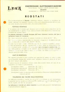Materiale pubblicitario d’epoca 1950 ca MILANO Ditta LESA  Reostati Opuscolo ILLUSTRATO 1