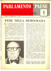 Giornale, rivista storica 1954 PARLAMENTO E PAESE Fede nella democrazia Rivista anno I nÂ° 1 1