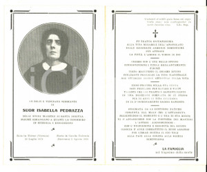 Oggetto da collezione cartaceo 1926 CASOLA VALSENIO Suor Isabella PEDRAZZA maestra di SANTA DOROTEA Santino 1