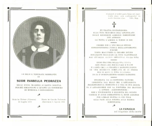 Oggetto da collezione cartaceo 1926 CASOLA VALSENIO Suor Isabella PEDRAZZA maestra di SANTA DOROTEA Santino 1