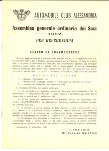 Documento originale, autentico 1962 AUTOMOBILE CLUB ALESSANDRIA Convocazioen assemblea dei Soci per referendum 1