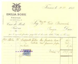 Documento originale, autentico 1913 FIRENZE Emilia BOSSI  Casa di Mode e Sartoria Fattura per cappello 1