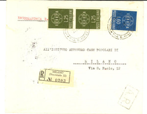 Materiale pubblicitario d’epoca 1959 STORIA POSTALE REPUBBLICA Busta raccomandata L. 25 + L. 60 EUROPA 1