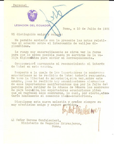 Manoscritto, lettera originale 1939 ROMA LEGACION DEL ECUADOR Invio valigia diplomatica al barone CONFALONIERI 1