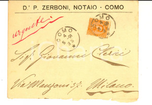 Cartolina originale da collezione 1891 STORIA POSTALE REGNO COMO Busta notaio ZERBONI affrancata 20 cent. 1