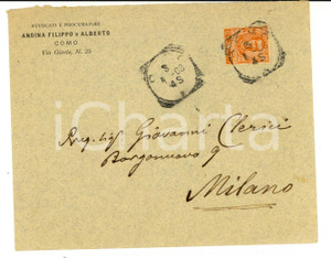 Cartolina originale da collezione 1903 STORIA POSTALE REGNO COMO Busta avv. Filippo e Alberto ANDINA 20 cent. 1