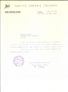 Autografo originale 1958 MILANO PARTITO LIBERALE Lettera Alberto GIOMO per contributo AUTOGRAFO 1