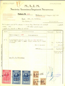 Documento originale, autentico 1937 MILANO Ditta S.A.I.S. Impianti Sicurezza +Fattura per distributore 1