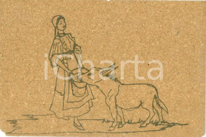 Cartolina originale da collezione 1955 ca CALANGIANUS SS Pastorella con asinello Cartolina di sughero FP VG 1