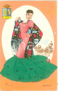 Cartolina originale da collezione 1965 MADRID SPAGNA Ballerina di flamenco Cartolina con vero tessuto FP NV 1