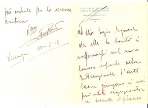 Manoscritto, lettera originale 1931 VICENZA Associazione Mutilati ed Invalidi di Guerra  Lettera presidente 1