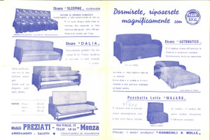 Materiale pubblicitario d’epoca 1950 ca MONZA Mobili PREZIATI Volantino ILLUSTRATO divani Pubblicitario 1