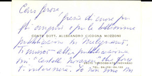 Autografo originale 1970 ca TERDOBBIATE Biglietto conte Alessandro CICOGNA MOZZONI AUTOGRAFO 1