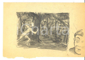 Stampa, bozzetto originale 1980 ca ARTE Uomo che corre in una foresta Bozzetto a matita 21x15 cm 1