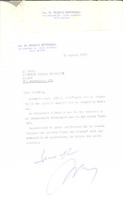 Manoscritto, lettera originale 1975 MILANO Cav. Franco BETTINELLI ringrazia per omaggio Autografo 1