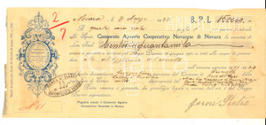 Documento originale, autentico 1922 NOVARA Consorzio Agrario Cooperativo Novarese Assegno pubblicitario 1