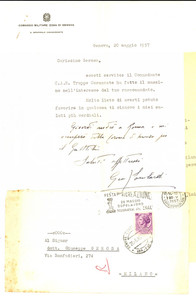 Autografo originale 1957 GENOVA Comandante gen. Luigi LOMBARDI aiuta l amico Giuseppe GEROSA 1