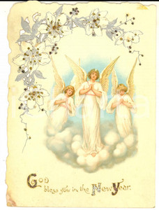Oggetto da collezione cartaceo 1920 ca NEW YEAR Greetings  Vintage card ILLUSTRATED Angels 14x11 cm 1