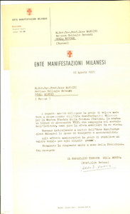 Manoscritto, lettera originale 1957 MILANO Ente Manifestazioni Milanesi  Lettera per prestito statua VOLTA 1