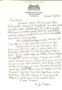 Manoscritto, lettera originale 1980 SONCINO Unione degli Italiani per la Patria  Lettera CANGINI a GEROSA 1