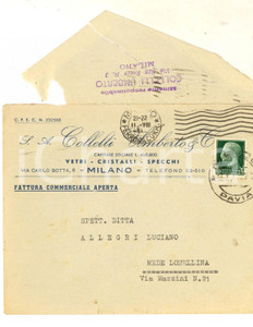 Materiale pubblicitario d’epoca 1943 MILANO STORIA POSTALE Busta intestata Umberto COLLELLI Vetri e cristalli 1