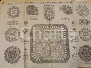 Materiale pubblicitario d’epoca 1874 UNCINETTO Tavola di lavori  Tappeto e sottolampada IL BAZAR 55x38 cm 1