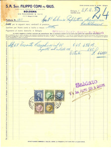 Documento originale, autentico 1940 BOLOGNA Ditta Filippo COMI fu Giuseppe  Fattura per tessuto con bolli 1