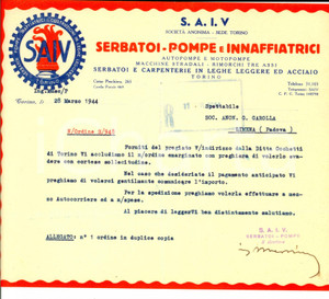 Documento originale, autentico 1944 TORINO Ditta S.A.I.V. Serbatoi e pompe  Lettera commerciale per ordine 1