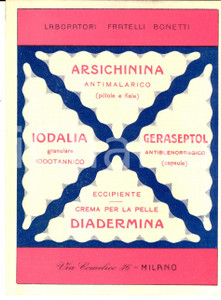 Materiale pubblicitario d’epoca 1930 MILANO Laboratori FRATELLI BONETTI  IODALIA Cartolina pubblicitaria 1