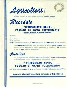 Materiale pubblicitario d’epoca 1935 ca AGRICOLTURA Concime fosfatico IPERFOSFATO RENO Volantino pubblicitario 1