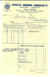 Documento originale, autentico 1937 TORINO SocietÃ  Anonima AMBROSETTI Trasporti  Lettera per spedizione 1