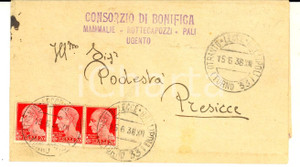 Oggetto da collezione cartaceo 1938 STORIA POSTALE PUGLIA Piego Imperiale 20 cent. BONIFICA MAMMALIE  UGENTO 1
