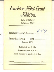 Materiale pubblicitario d’epoca 1960 ca KOLN D Libretto con mappa città  EXCELSIOR HOTEL Pubblicitaria 7x11 1