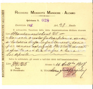 Documento originale, autentico 1907 ALCAMO Ricevuta Ricovero MendicitÃ  MANGIONE  Orsola ZAMONTE Bollo c. 5 1