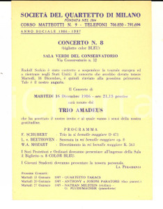 Materiale pubblicitario d’epoca 1986 MILANO SocietÃ  del Quartetto  Programma concerto TRIO AMADEUS Cartolina 1