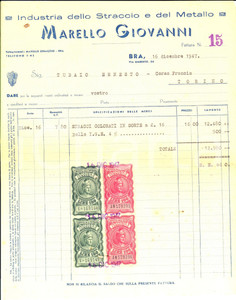 Documento originale, autentico 1947 BRA CN Giovanni MARELLO Industria dello straccio Fattura con bolli 1