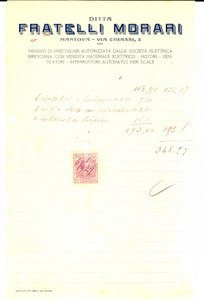 Manoscritto, lettera originale 1927 MANTOVA Ditta FRATELLI MORARI Impianti di precisione Conto manoscritto 1