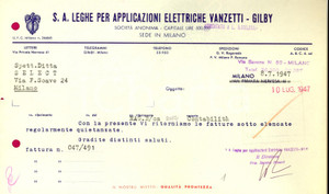 Documento originale, autentico 1947 MILANO S. A. Leghe per Applicazioni Elettriche VANZETTI  GILBY Lettera 1