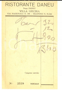Documento originale, autentico 1950 ca TRIESTE VILLA OPICINA Ricevuta ristorante DANEU DANNEGGIATA 1