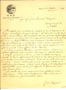 Documento originale, autentico 1927 OND BOARIO Lettera presidente Gino BONFANTI su dotazioni della sede 1