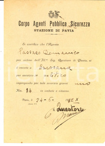 Documento originale, autentico 1932 PAVIA Corpo Agenti Pubblica Sicurezza  Domenico PASSARO servizio politico 1