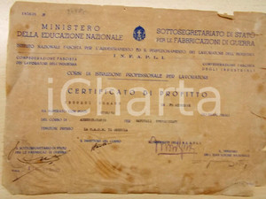 Documento originale, autentico 1942 INFAPLI BRESCIA Certificato di profitto Tomaso TEDOLDI corso manovali 1