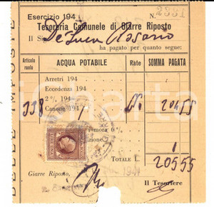 Documento originale, autentico 1941 GIARRE RIPOSTO / IONIA Ricevuta a Rosario DE LUCA per acqua potabile Bollo 1